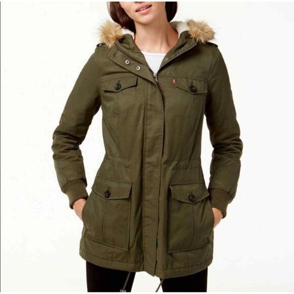 Levi’s Military Parka Coat Faux Fur Hooded Sherpa Lined Olive Green Size Small - Picture 1 of 9
